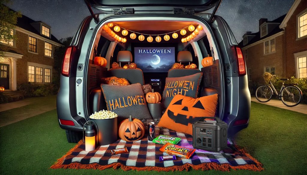 A cozy car trunk setup with Halloween-themed pillows, decorations, and a Pion Power portable power station, ready for a spooky outdoor movie night.