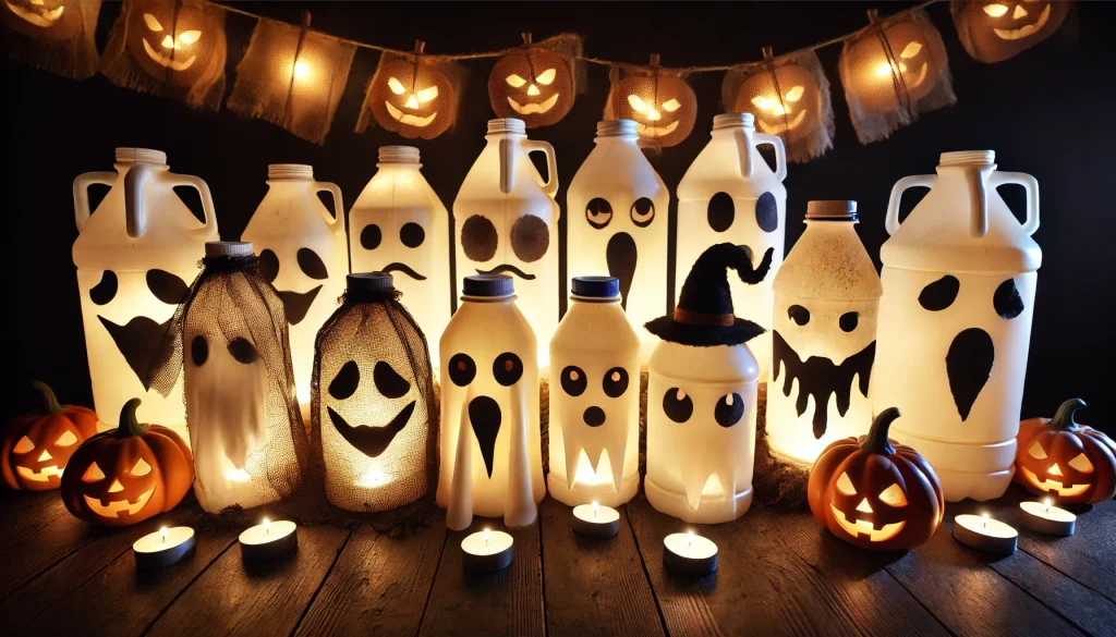 A variety of milk jugs turned into glowing ghost lanterns with drawn faces, arranged with pumpkins and candles for a spooky Halloween decoration.